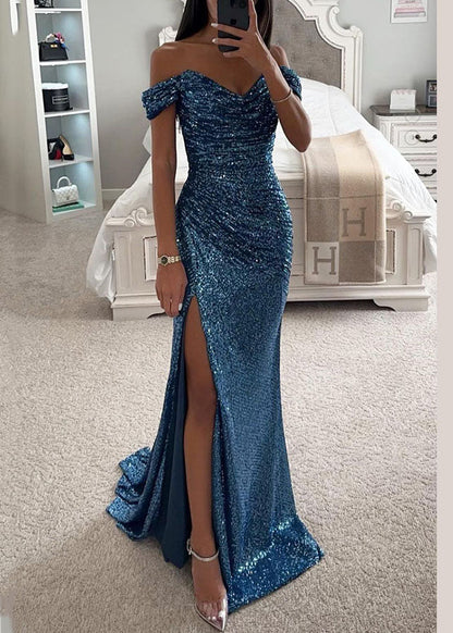 2025 New Champagne Slash Neck Side Open Sequins Party Dress TL001