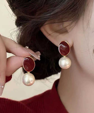 Red Pearl Copper Earrings New Drop Overgild 2025 FashionChic