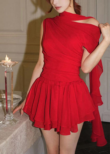 2025 Summer Shorts Piece Shoulder New Set Off And Top Red Two FashionChic