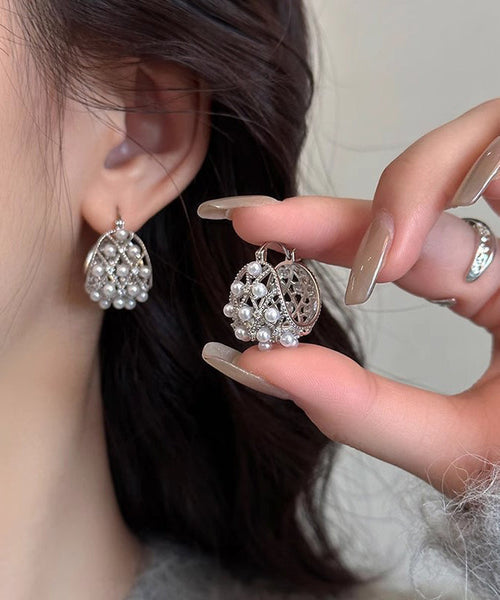 Hollow Hoop Out Earrings Copper Alloy Pearl Silk 2025 New FashionChic