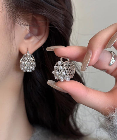 Hollow Hoop Out Earrings Copper Alloy Pearl Silk 2025 New FashionChic