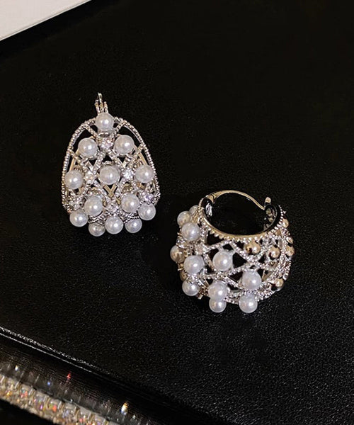 Hollow Hoop Out Earrings Copper Alloy Pearl Silk 2025 New FashionChic