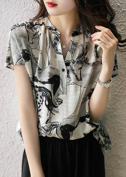 2025 New V Neck Print Chiffon Tops Summer TH048