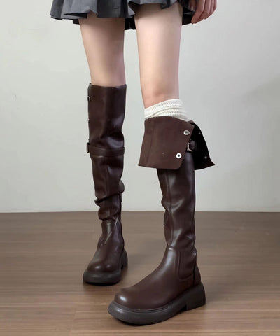 2025 New Versatile Brown Faux Leather Splicing Knee Boots YC009 ABC