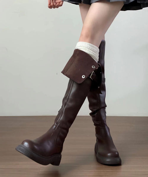 2025 New Versatile Brown Faux Leather Splicing Knee Boots YC009 ABC