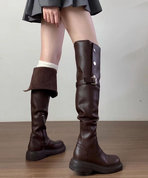 2025 New Versatile Brown Faux Leather Splicing Knee Boots YC009 ABC