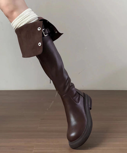 2025 New Versatile Brown Faux Leather Splicing Knee Boots YC009 ABC