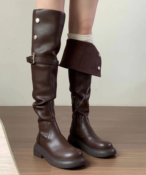 2025 New Versatile Brown Faux Leather Splicing Knee Boots YC009 ABC