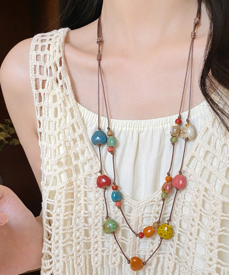 Rope Pendant Wax Double-Layer Necklace Ceramic Rainbow 2025 FashionChic