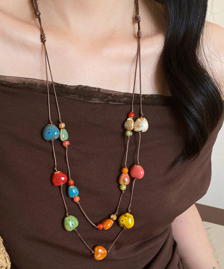 Rope Pendant Wax Double-Layer Necklace Ceramic Rainbow 2025 FashionChic
