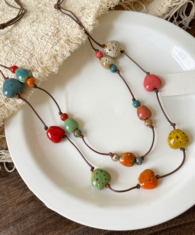 Rope Pendant Wax Double-Layer Necklace Ceramic Rainbow 2025 FashionChic