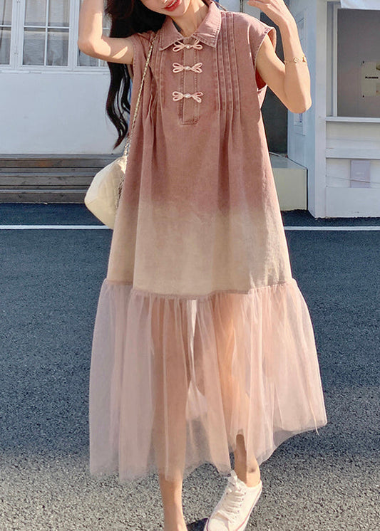 Skirt Shirt Denim Summer Retro Pink Splicing 2025 Gradient Tulle FashionChic