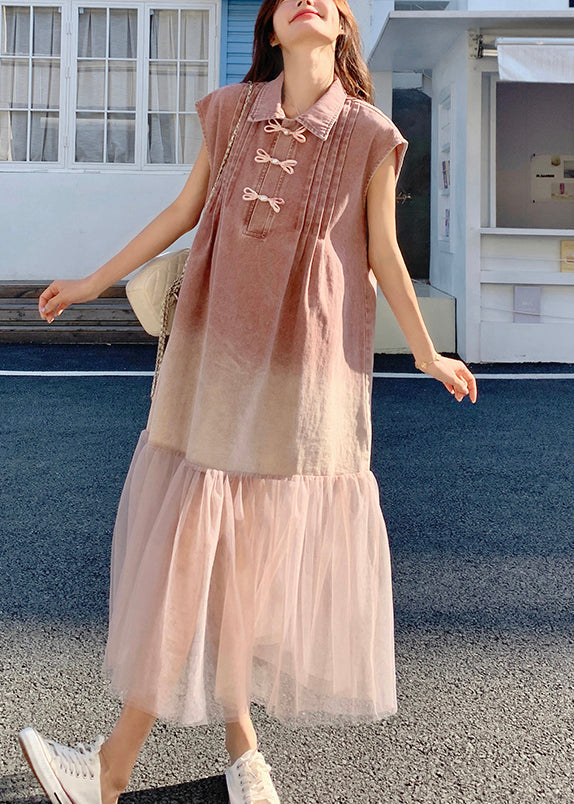 Skirt Shirt Denim Summer Retro Pink Splicing 2025 Gradient Tulle FashionChic