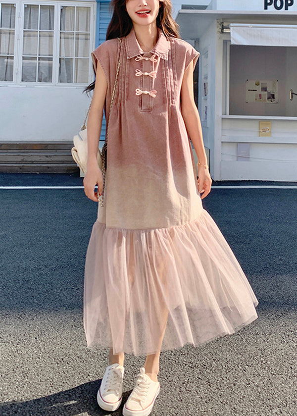 Skirt Shirt Denim Summer Retro Pink Splicing 2025 Gradient Tulle FashionChic