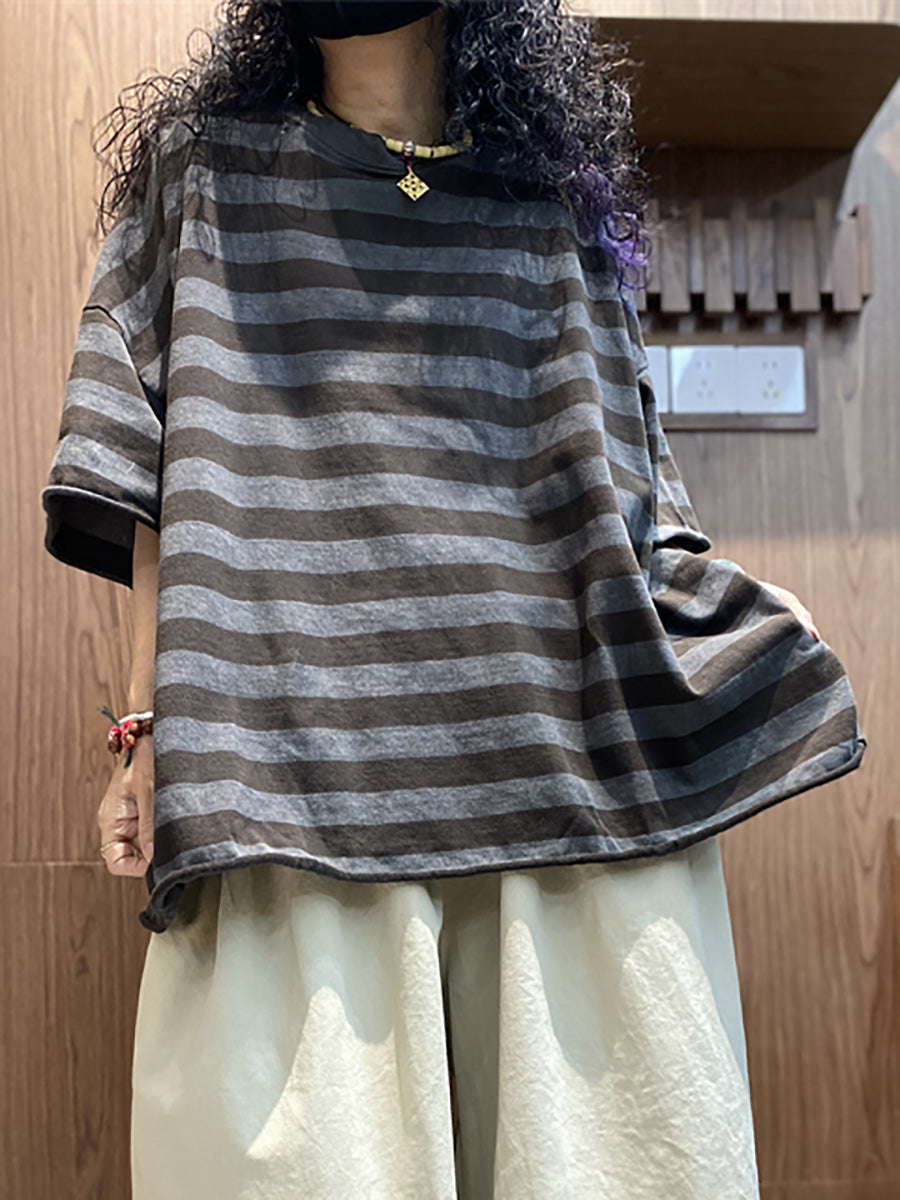 Shirt size Plus Women Summer Stripe O-Neck Colorblock FashionChic