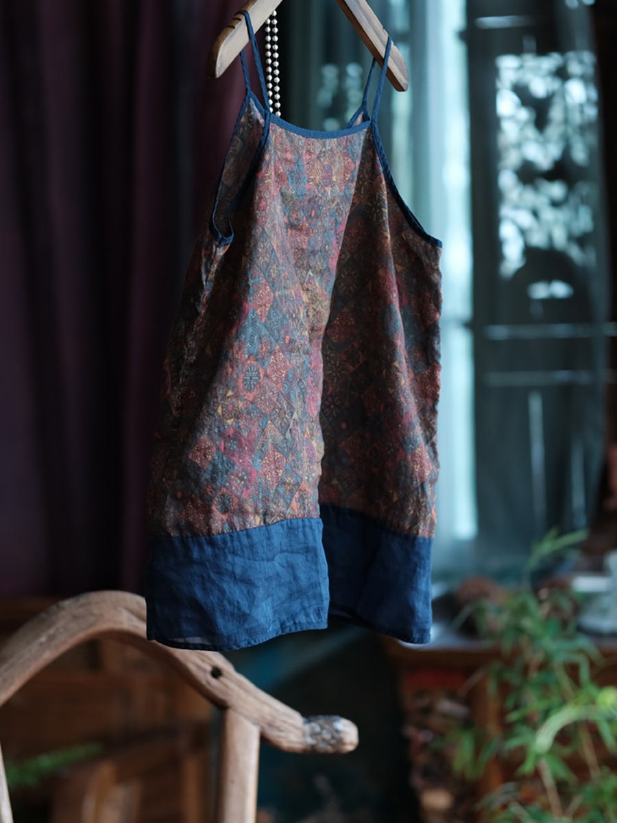 V-Neck Summer Spliced Vest Floral 100%Cotton Vintage Women FashionChic