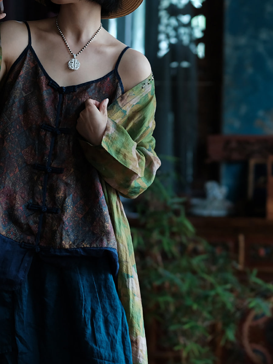 V-Neck Summer Spliced Vest Floral 100%Cotton Vintage Women FashionChic