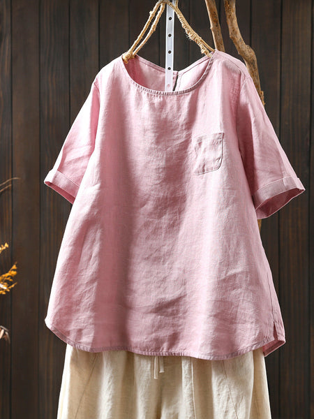 Summer Shirt O-Neck Color Pure Women 100%Linen FashionChic