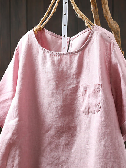 Summer Shirt O-Neck Color Pure Women 100%Linen FashionChic