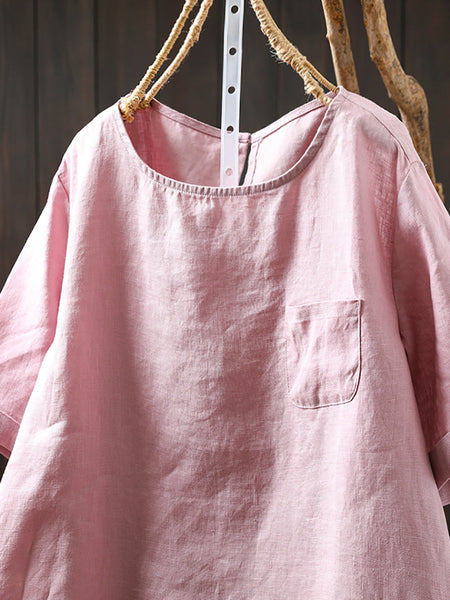 Summer Shirt O-Neck Color Pure Women 100%Linen FashionChic