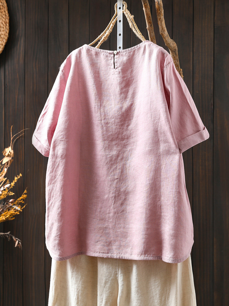 Summer Shirt O-Neck Color Pure Women 100%Linen FashionChic