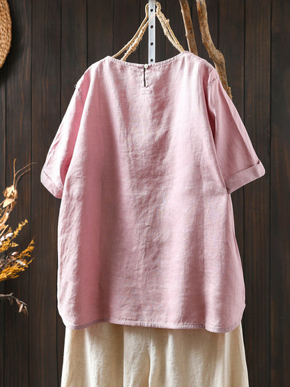 Summer Shirt O-Neck Color Pure Women 100%Linen FashionChic