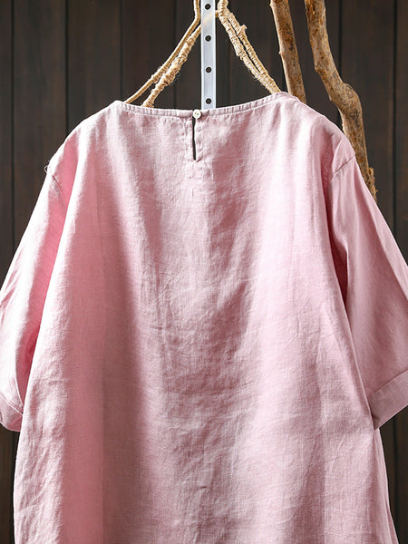 Summer Shirt O-Neck Color Pure Women 100%Linen FashionChic
