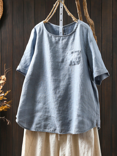 Summer Shirt O-Neck Color Pure Women 100%Linen FashionChic