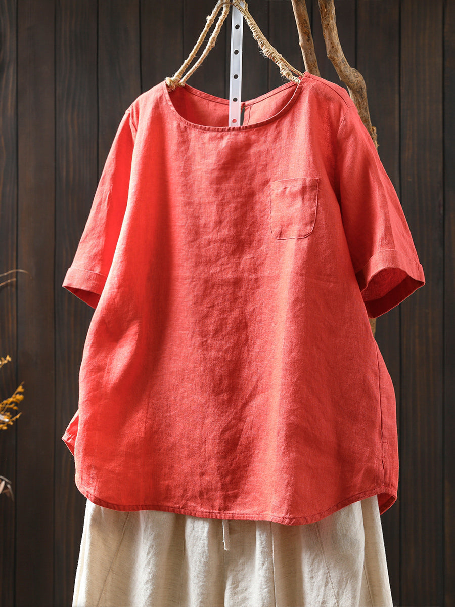 Summer Shirt O-Neck Color Pure Women 100%Linen FashionChic