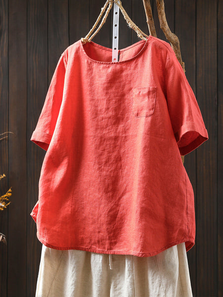 Summer Shirt O-Neck Color Pure Women 100%Linen FashionChic