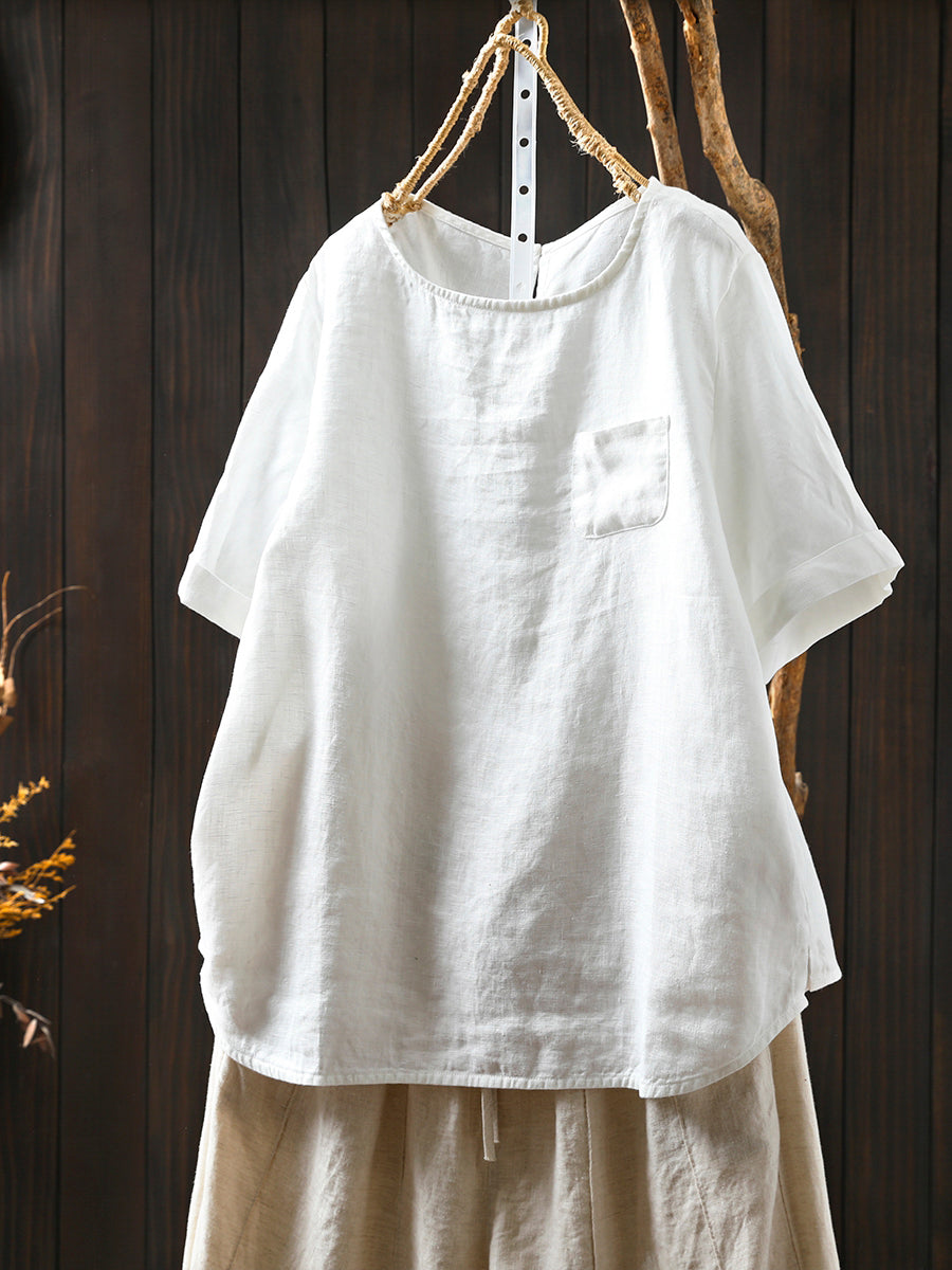 Summer Shirt O-Neck Color Pure Women 100%Linen FashionChic