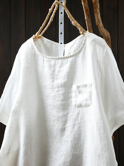 Summer Shirt O-Neck Color Pure Women 100%Linen FashionChic