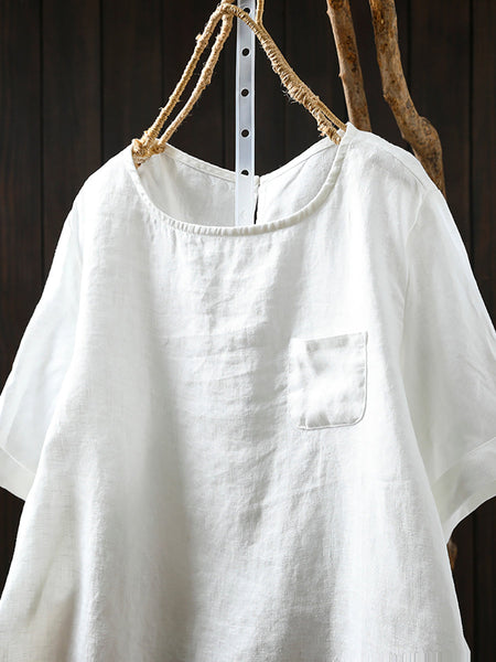 Summer Shirt O-Neck Color Pure Women 100%Linen FashionChic