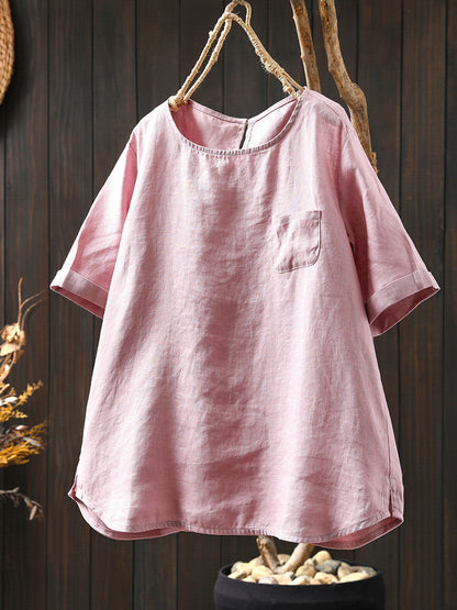 Summer Shirt O-Neck Color Pure Women 100%Linen FashionChic