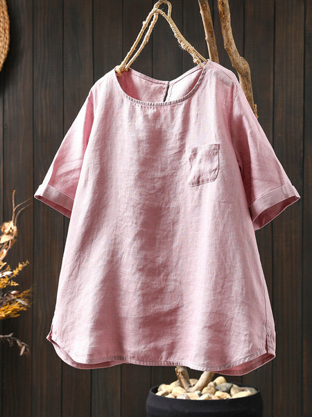 Summer Shirt O-Neck Color Pure Women 100%Linen FashionChic