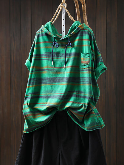 Hooded Women Retro Shirt Summer Stripe Cotton FashionChic