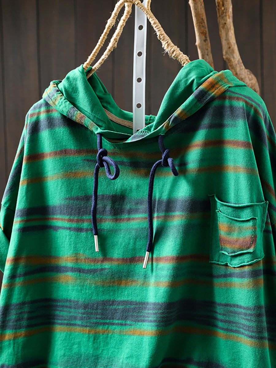Hooded Women Retro Shirt Summer Stripe Cotton FashionChic