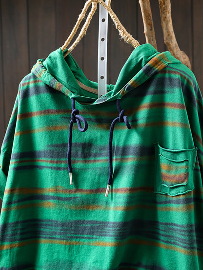 Hooded Women Retro Shirt Summer Stripe Cotton FashionChic