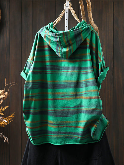 Hooded Women Retro Shirt Summer Stripe Cotton FashionChic