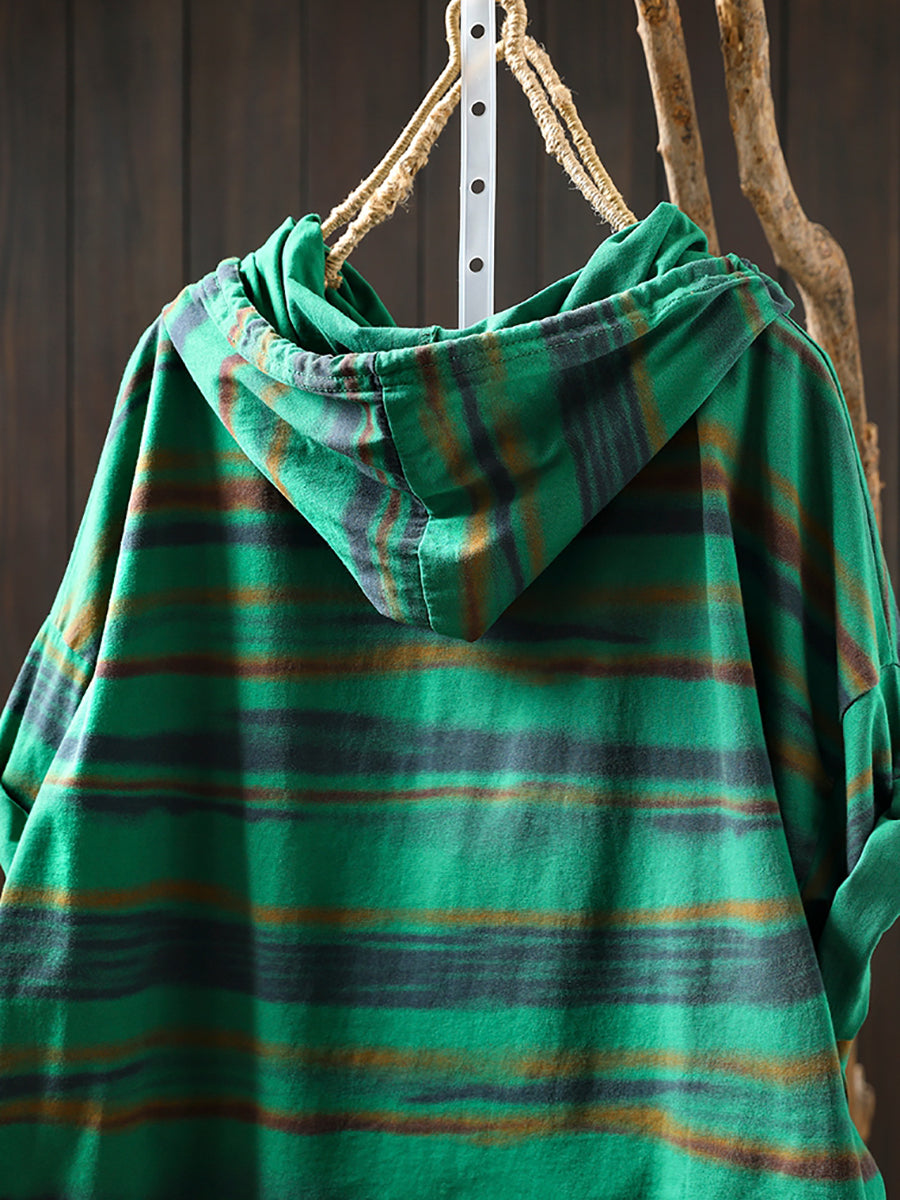 Hooded Women Retro Shirt Summer Stripe Cotton FashionChic