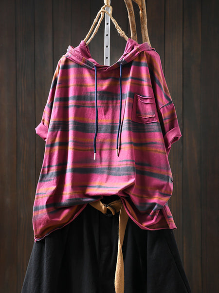 Hooded Women Retro Shirt Summer Stripe Cotton FashionChic