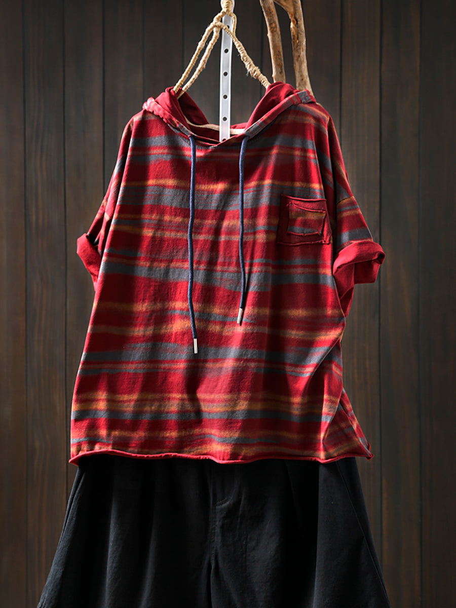 Hooded Women Retro Shirt Summer Stripe Cotton FashionChic