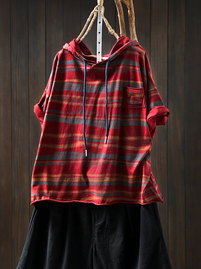 Hooded Women Retro Shirt Summer Stripe Cotton FashionChic