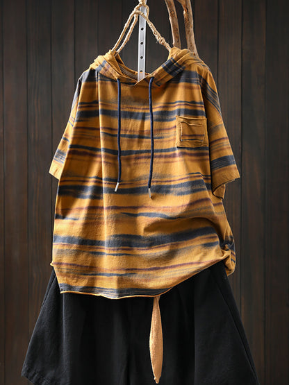 Hooded Women Retro Shirt Summer Stripe Cotton FashionChic