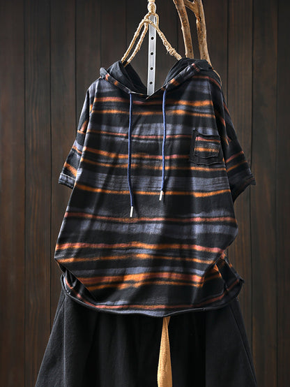 Hooded Women Retro Shirt Summer Stripe Cotton FashionChic