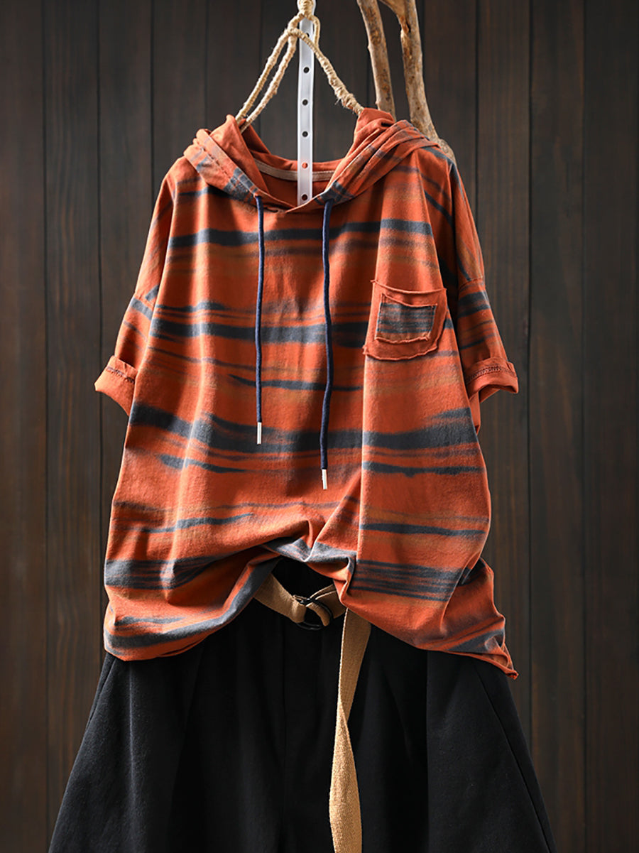 Hooded Women Retro Shirt Summer Stripe Cotton FashionChic