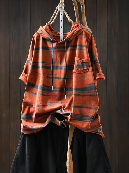 Hooded Women Retro Shirt Summer Stripe Cotton FashionChic