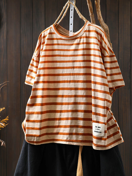 Casual Summer O-Neck Shirt Stripe Colorblock Women Cotton FashionChic