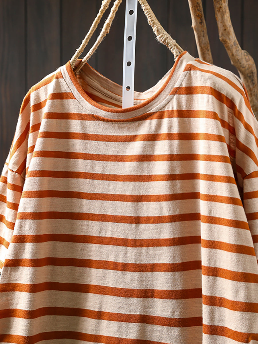 Casual Summer O-Neck Shirt Stripe Colorblock Women Cotton FashionChic