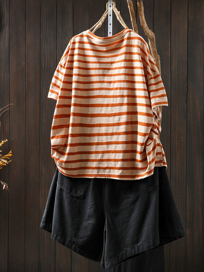 Casual Summer O-Neck Shirt Stripe Colorblock Women Cotton FashionChic